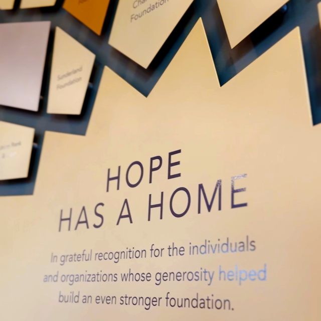 Close up of the donor wall words at the Mourning Hope Grief Center.